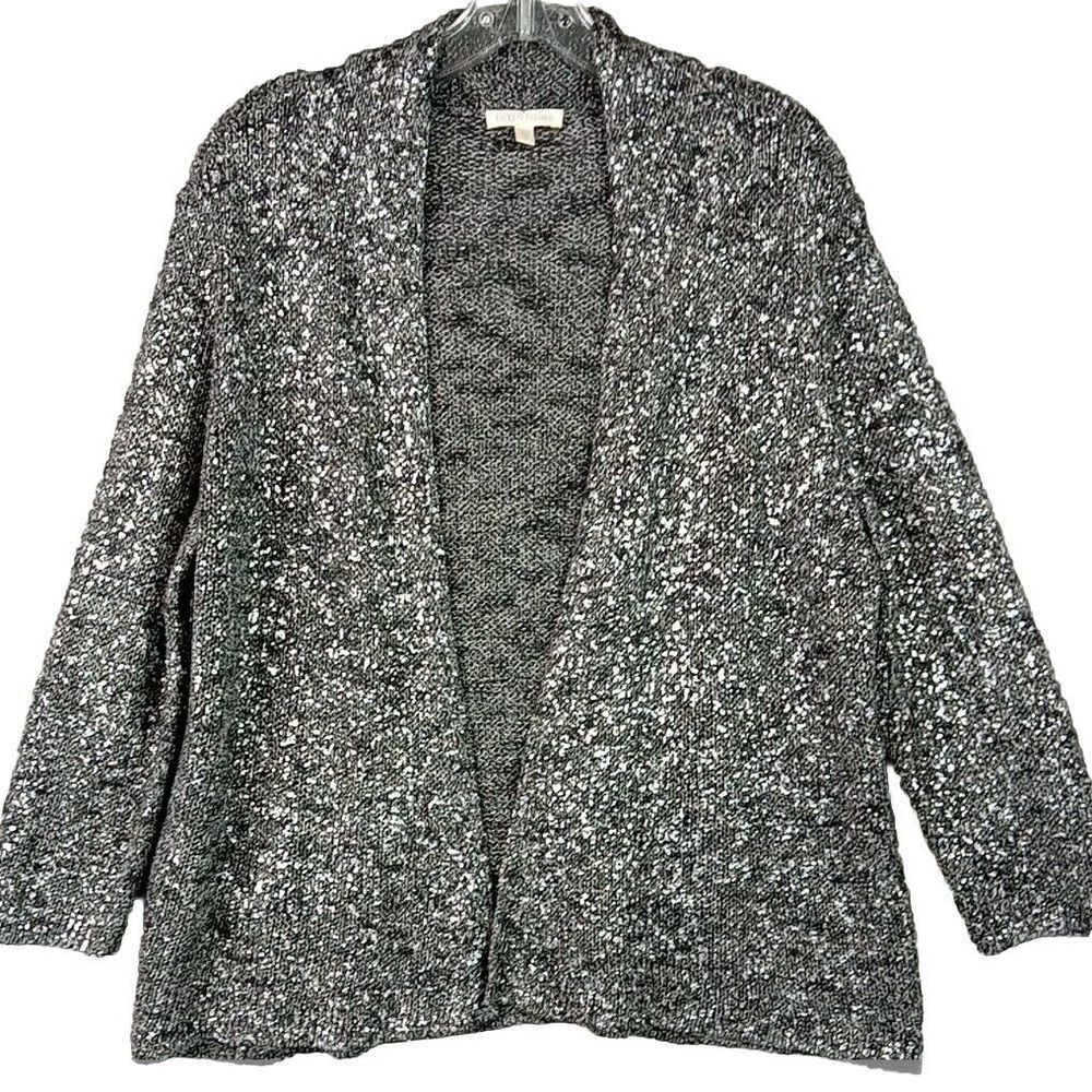 Eileen Fisher Open Front Cardigan Italian Yarn Linen Metallic‎ Cottage Women's M